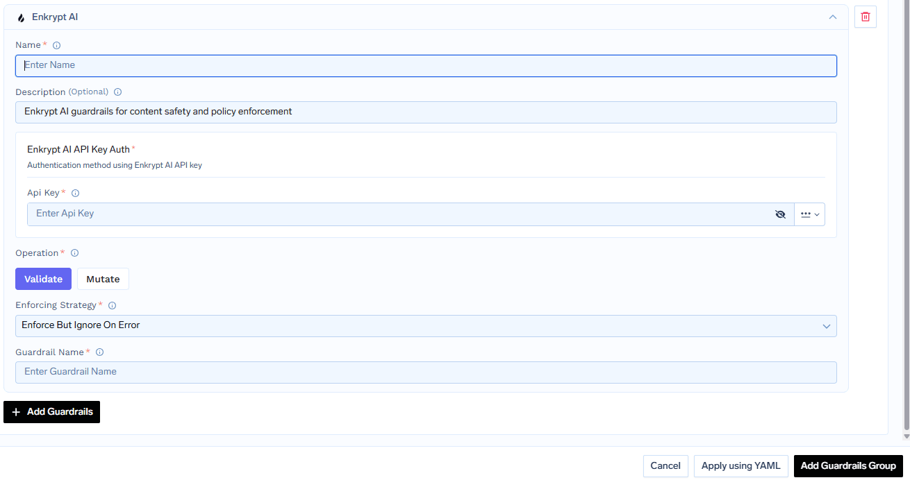 TrueFoundry interface for configuring Enkrypt AI Guardrail with fields for name, operation type, guardrail name, and API key