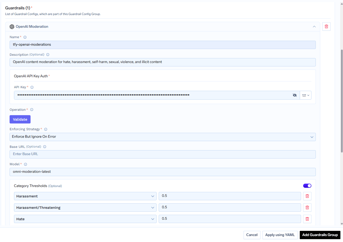 OpenAI Moderation configuration form with fields for name, base URL, API key, and model selection