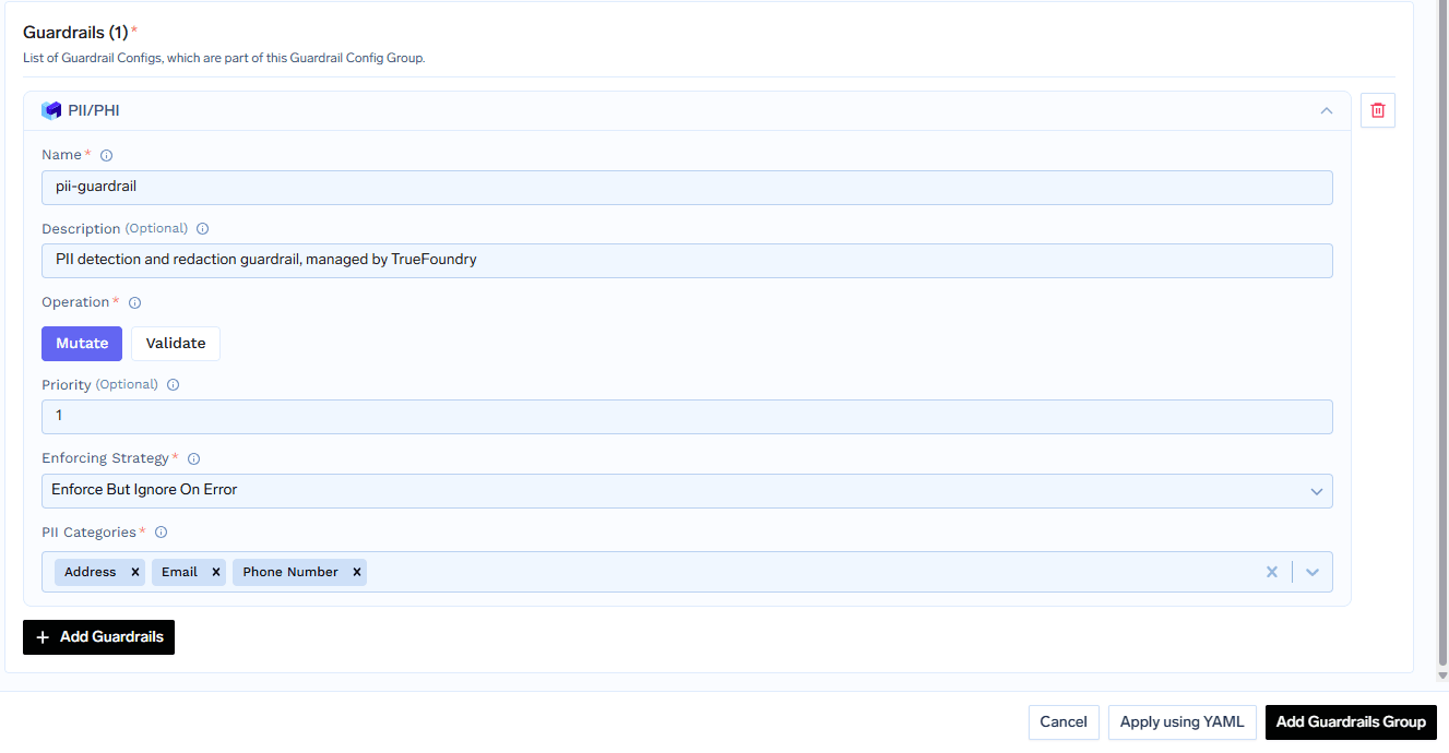 PII/PHI Detection configuration form showing entity category selection