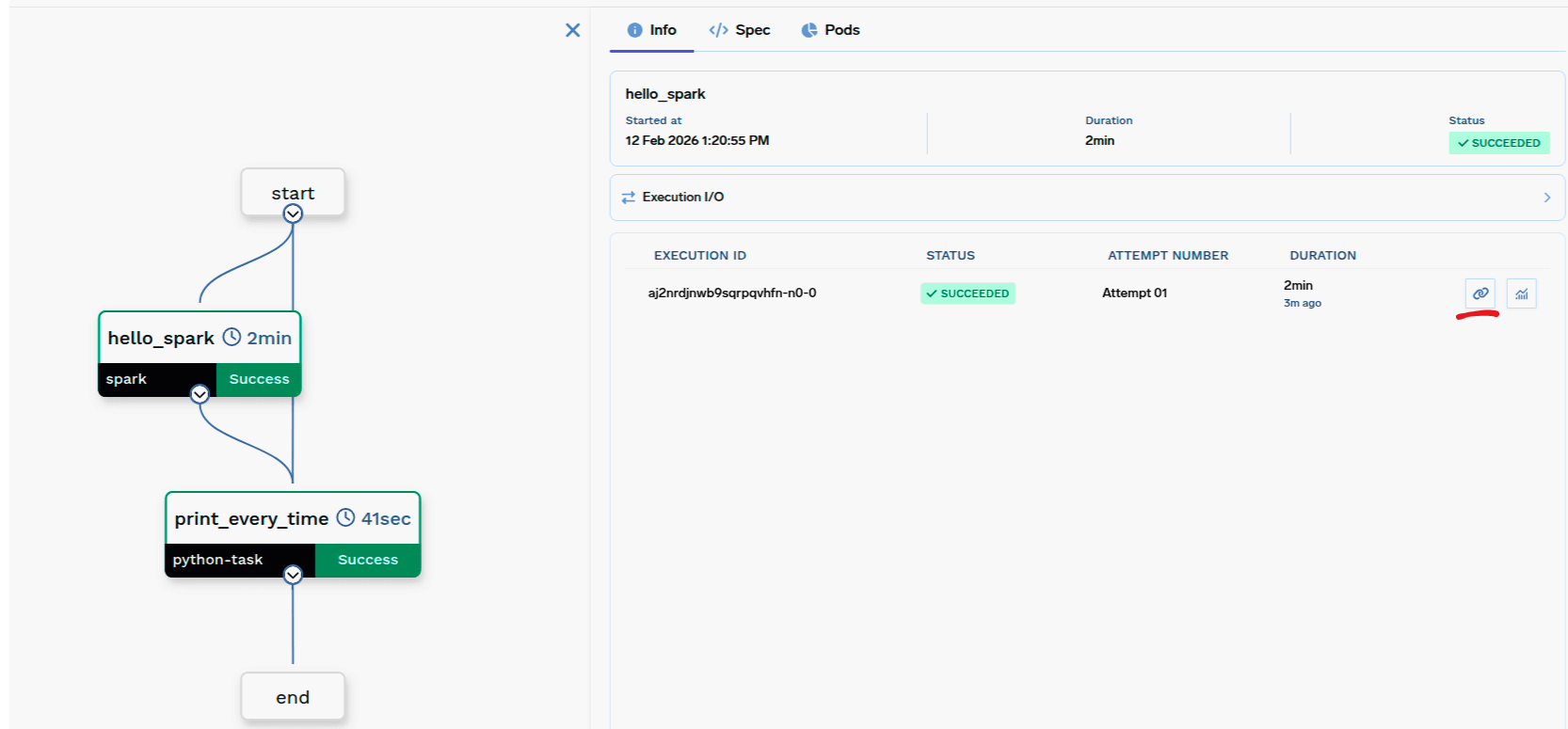 Workflow UI with button to see Spark UI