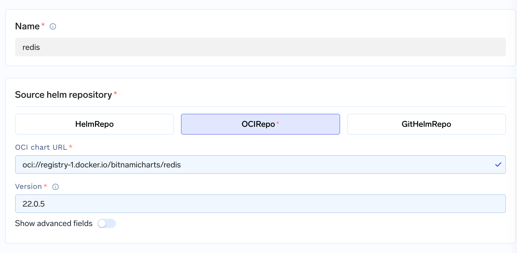 Redis chart configuration showing the chart name and version
