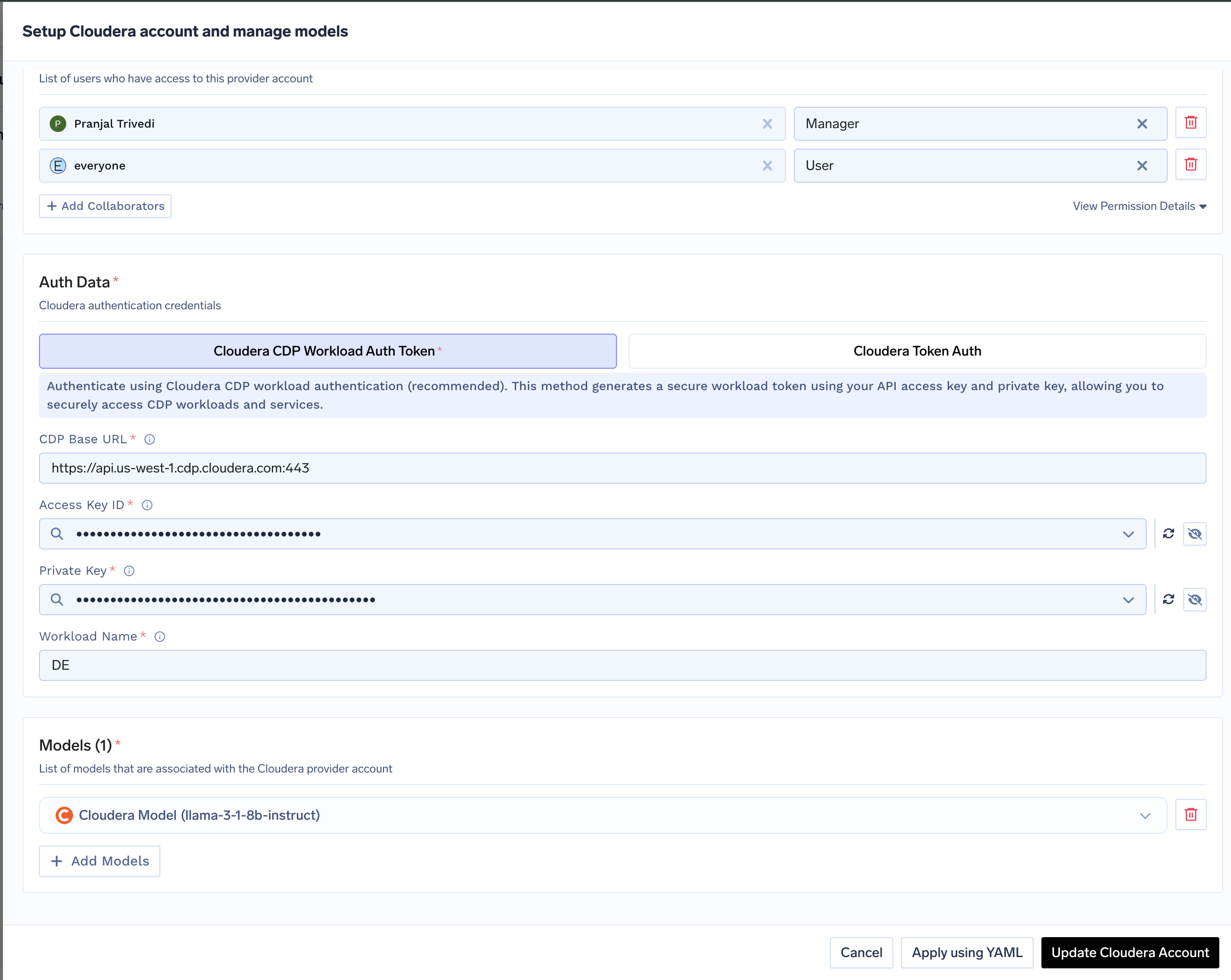 Cloudera Account Configuration Form with Access Key ID, Private Key, Workload Name, and CDP Base URL Fields