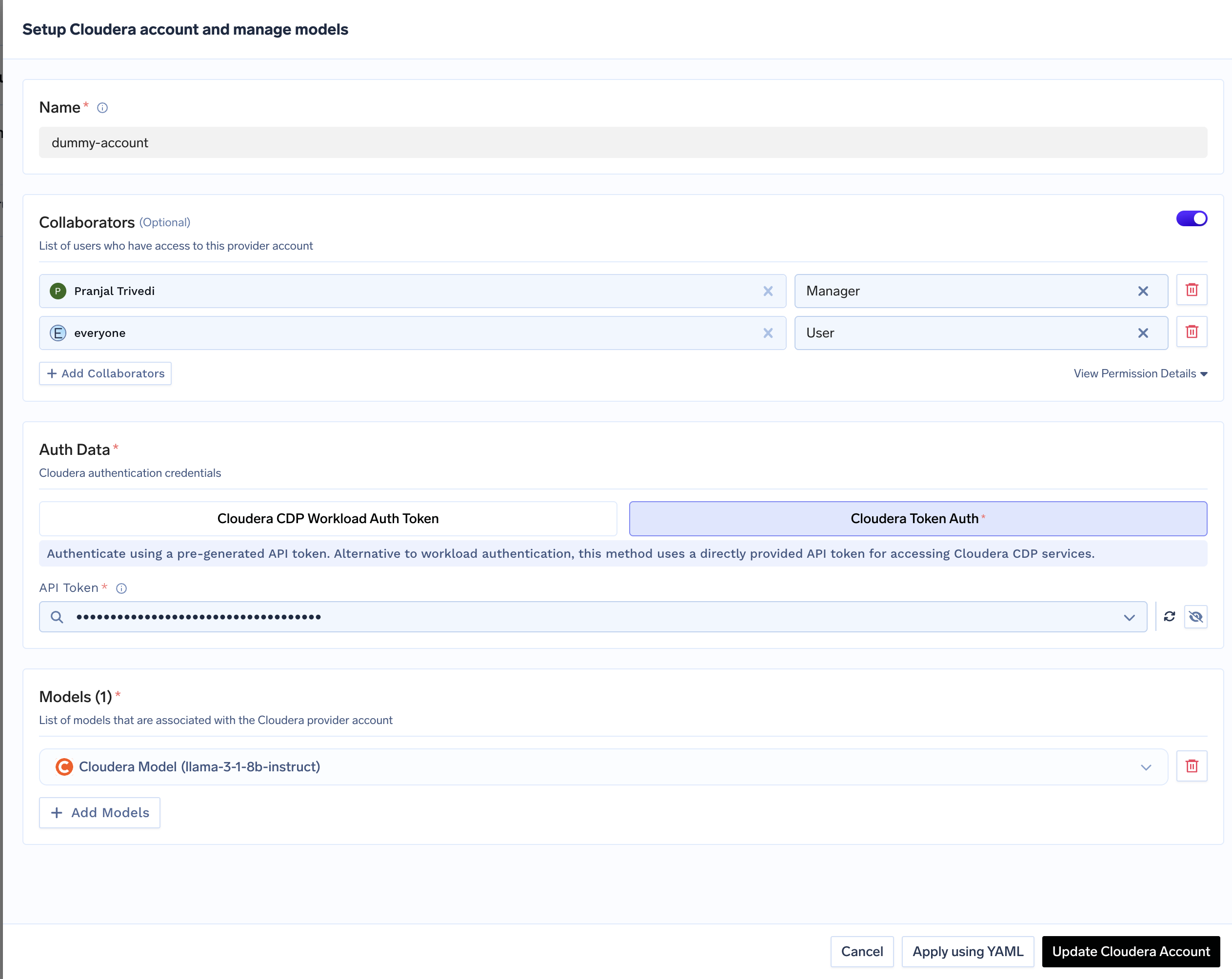 Cloudera Account Configuration Form with Auth Token Field