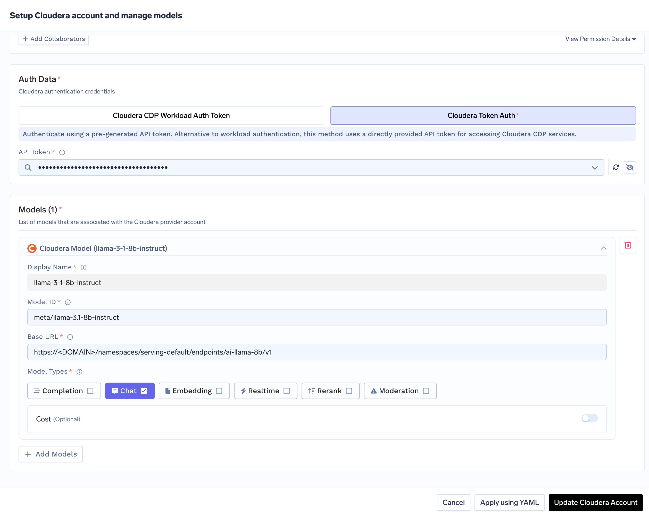 Cloudera model configuration form in TrueFoundry with display name, model ID, and base URL fields