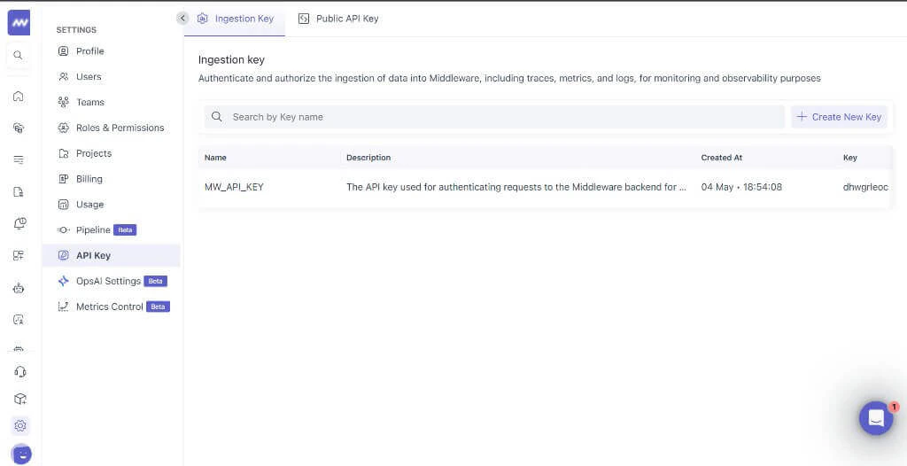 Middleware Settings with Ingestion key tab and API key list including Create New Key