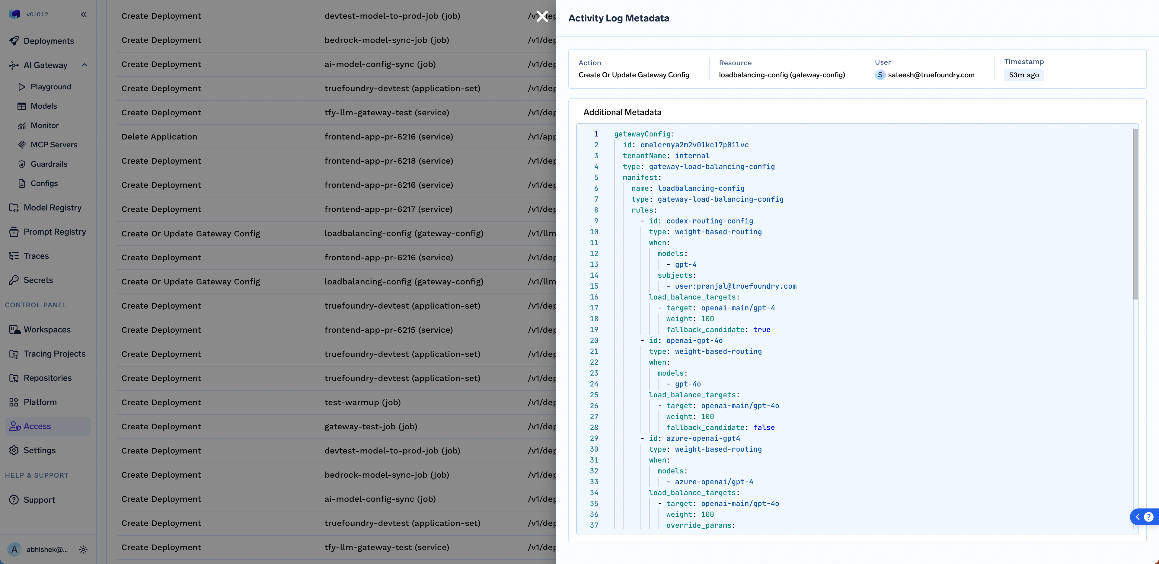 TrueFoundry Audit Logs details interface