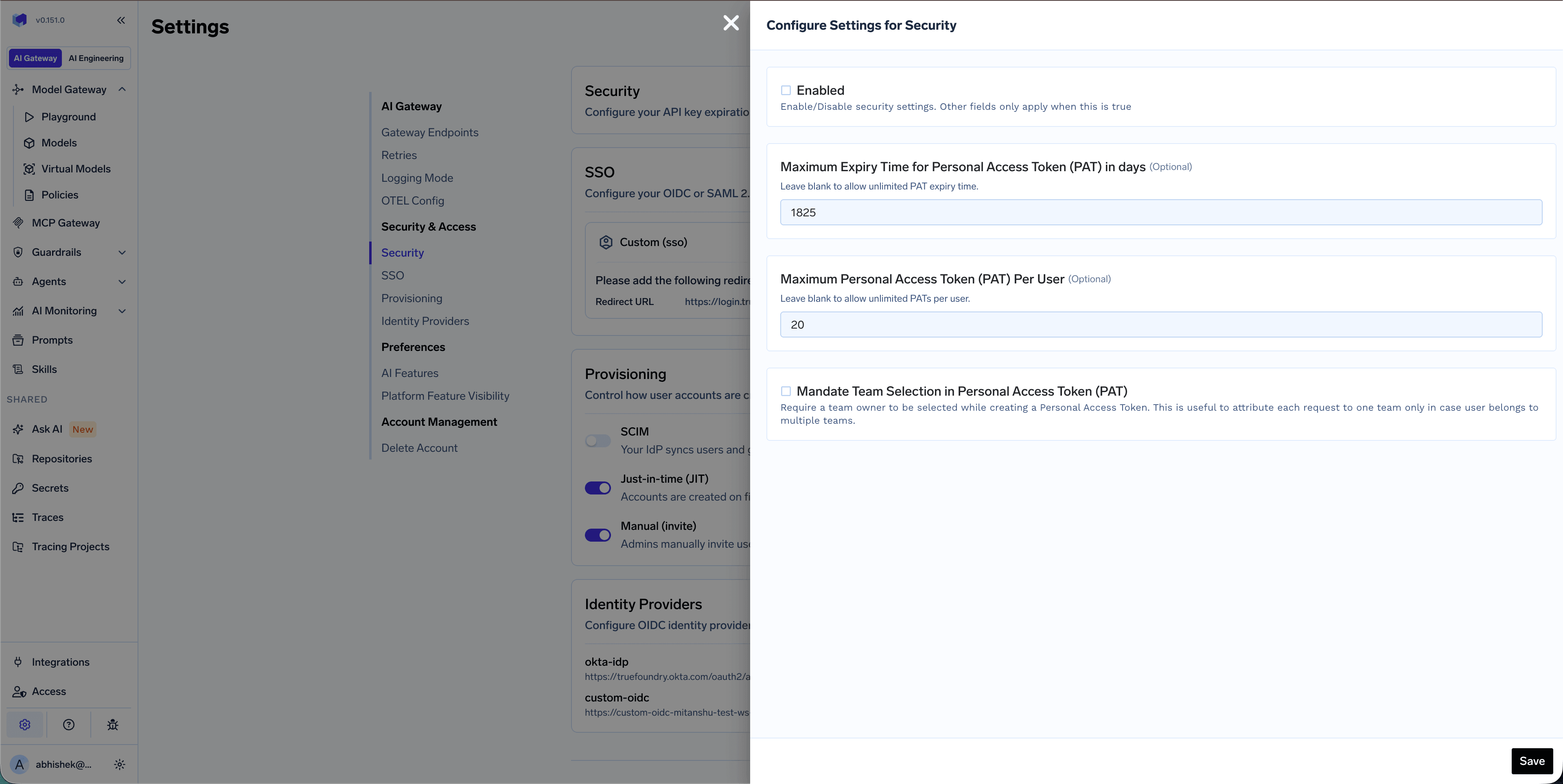 Mandate Team Selection in Personal Access Token setting under Security configuration