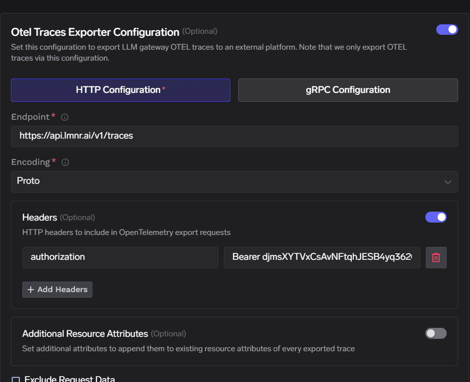 TrueFoundry OTEL Traces Exporter Configuration with HTTP endpoint https://api.lmnr.ai/v1/traces, Proto encoding, and Authorization Bearer header for Laminar