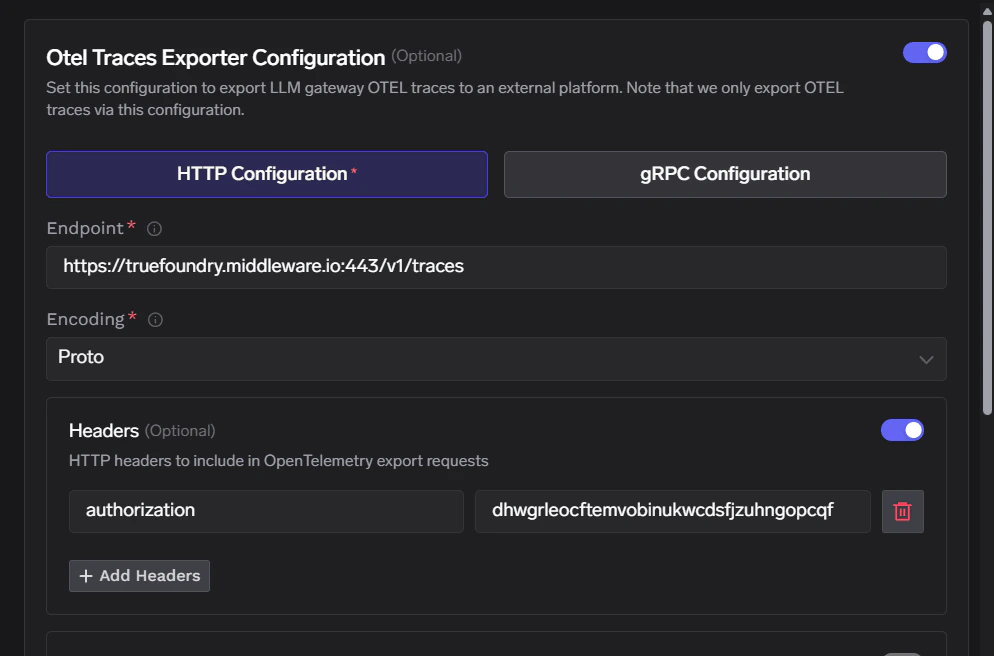 TrueFoundry OTEL Traces Exporter Configuration with Middleware HTTPS traces endpoint, Proto encoding, and Authorization header set to the Middleware API key