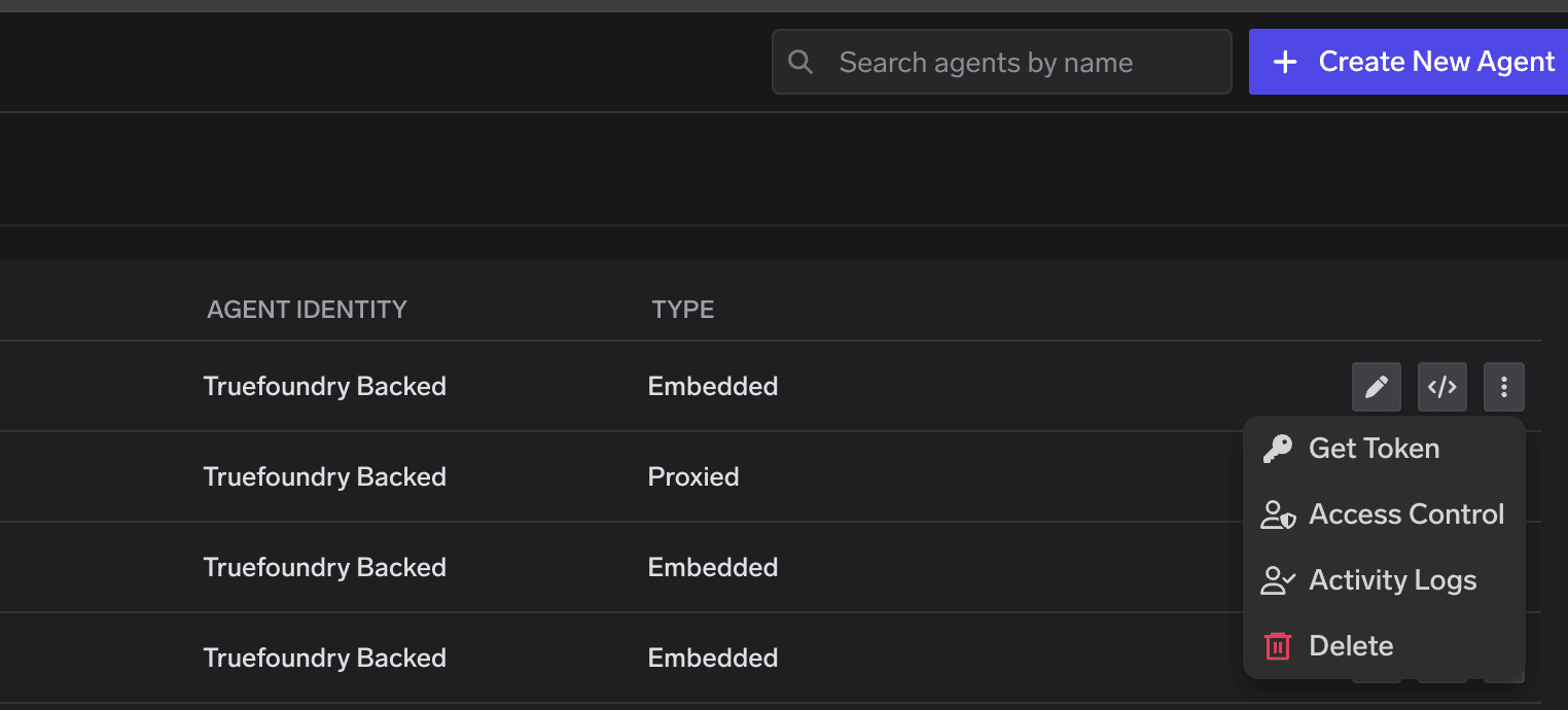 Agent Registry row three-dots menu showing Get Token, Access Control, Activity Logs, and Delete