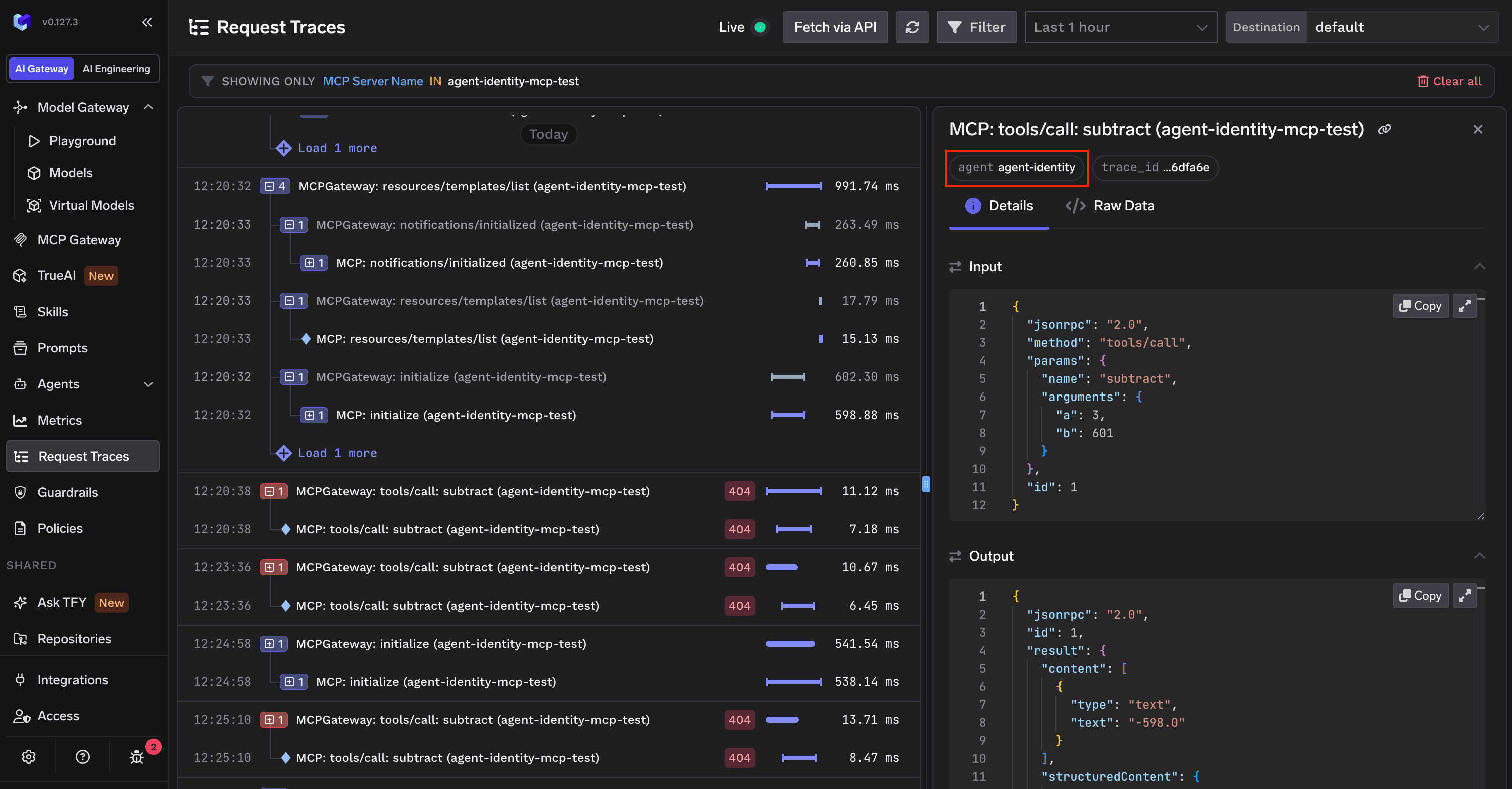 Request Traces for a remote A2A agent showing JSONRPC request and response