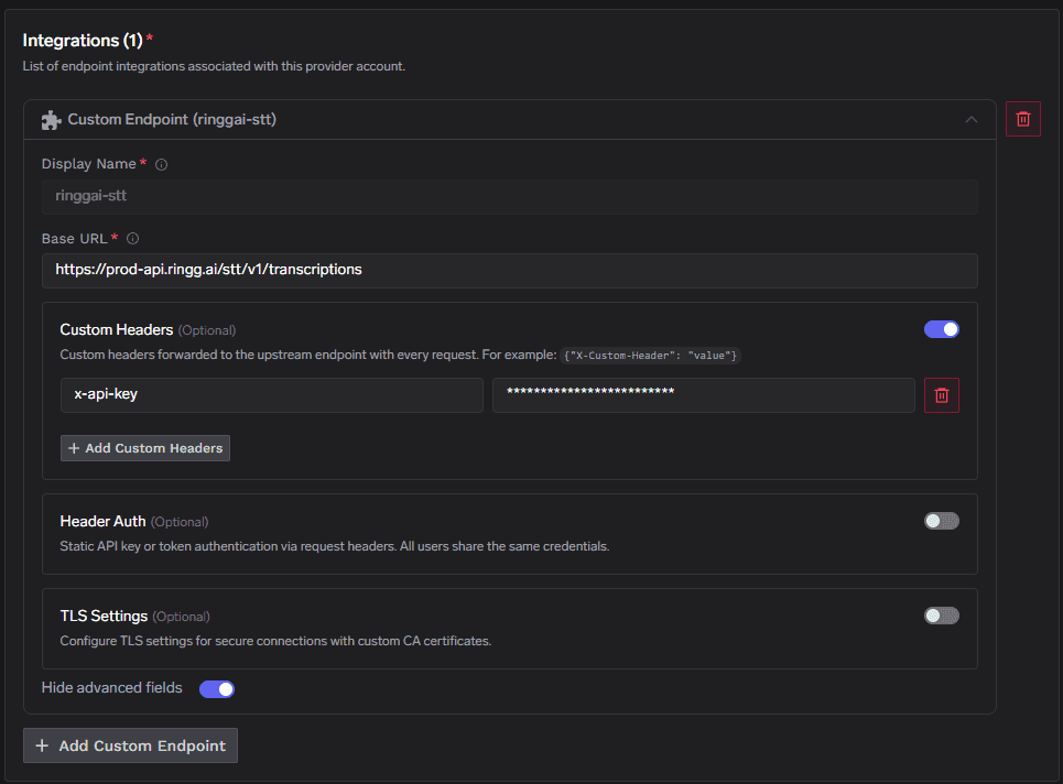 Custom Endpoint form for Ringg.AI STT with Base URL and x-api-key custom header
