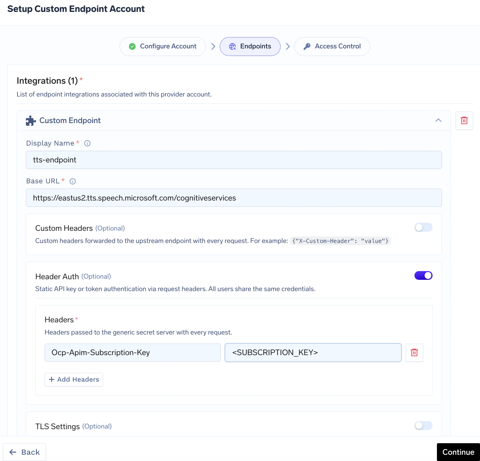 Setup Custom Endpoint Account wizard — Endpoints step with integration fields