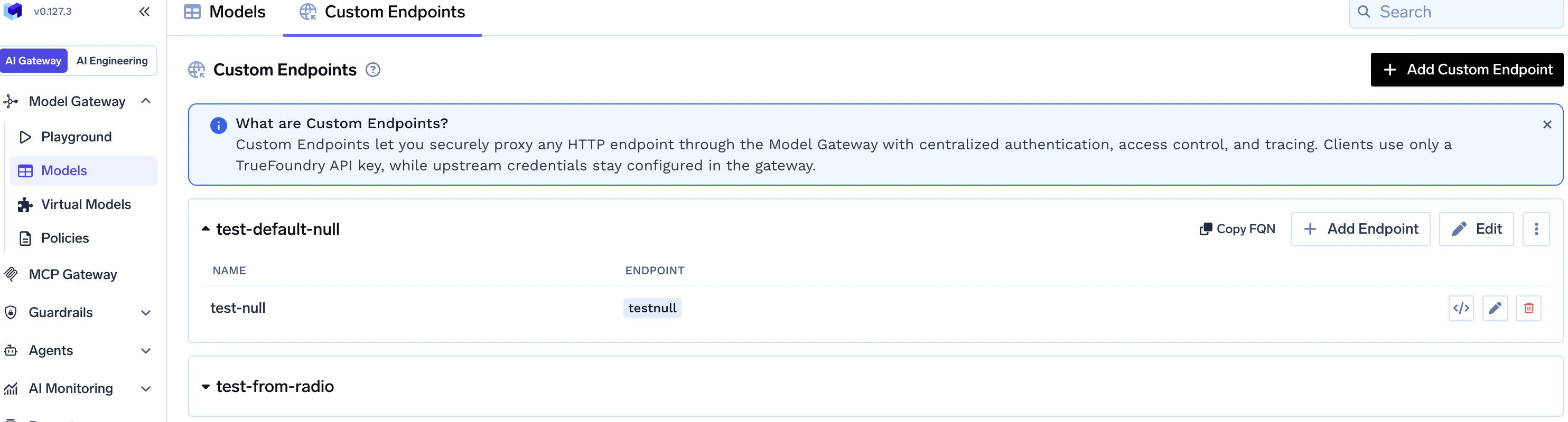 Custom Endpoints tab with endpoint groups and Add Custom Endpoint