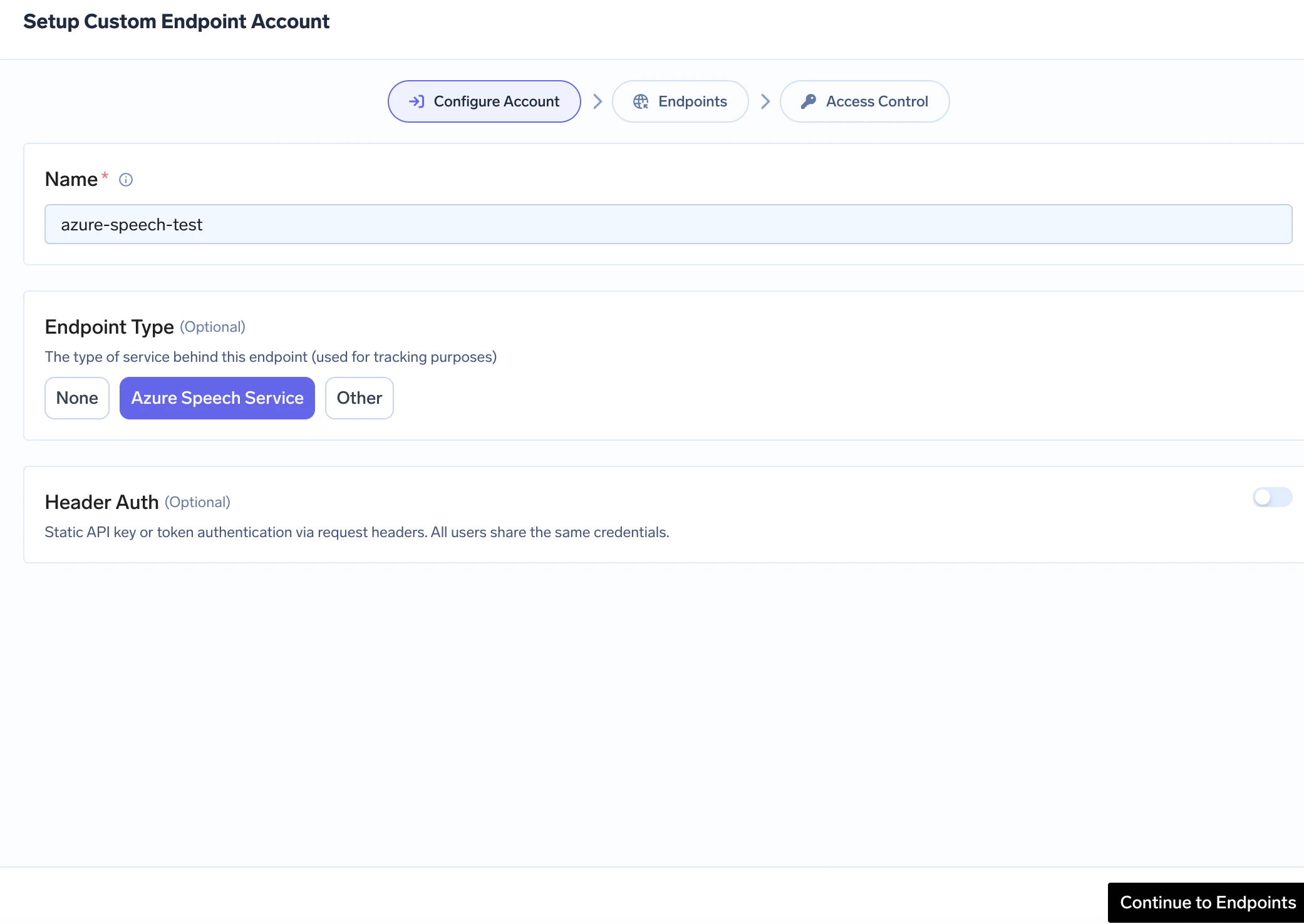 Setup Custom Endpoint Account wizard — Configure Account step