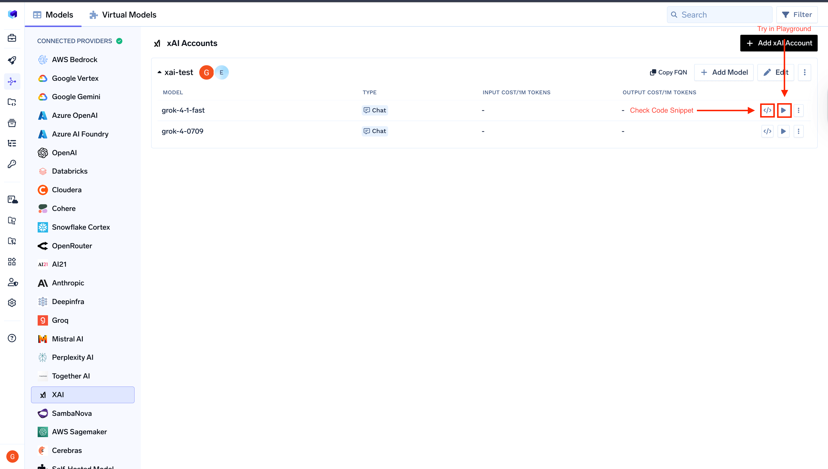 Code Snippet and Try in Playground Buttons for each xAI model
