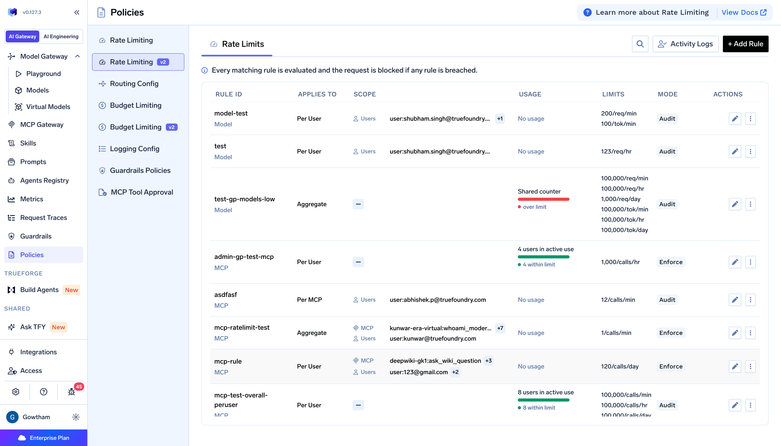 Rate Limiting V2 rules list showing model and MCP rate limits with usage and mode