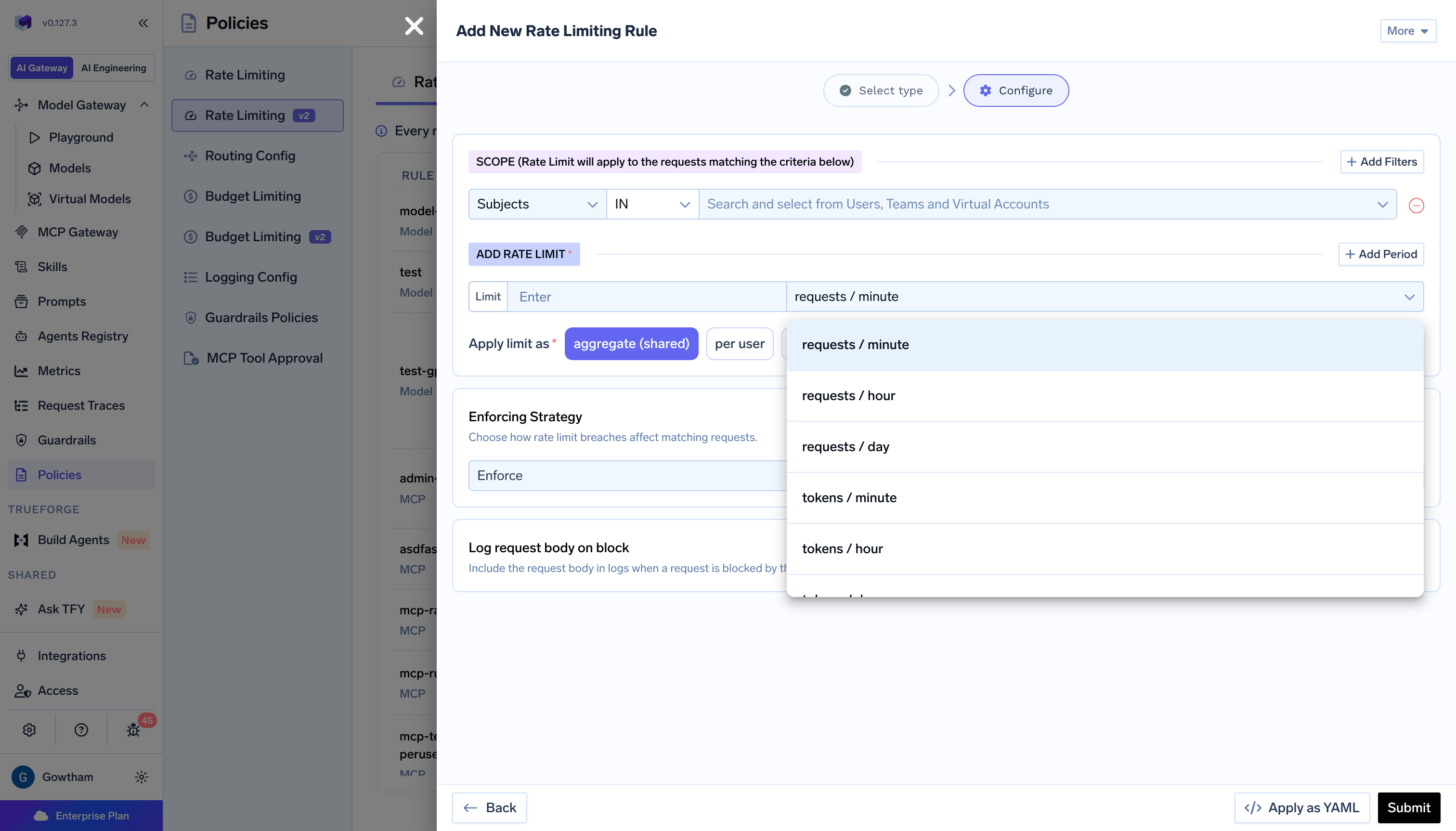 Rate limit period options for requests and tokens per minute, hour, and day