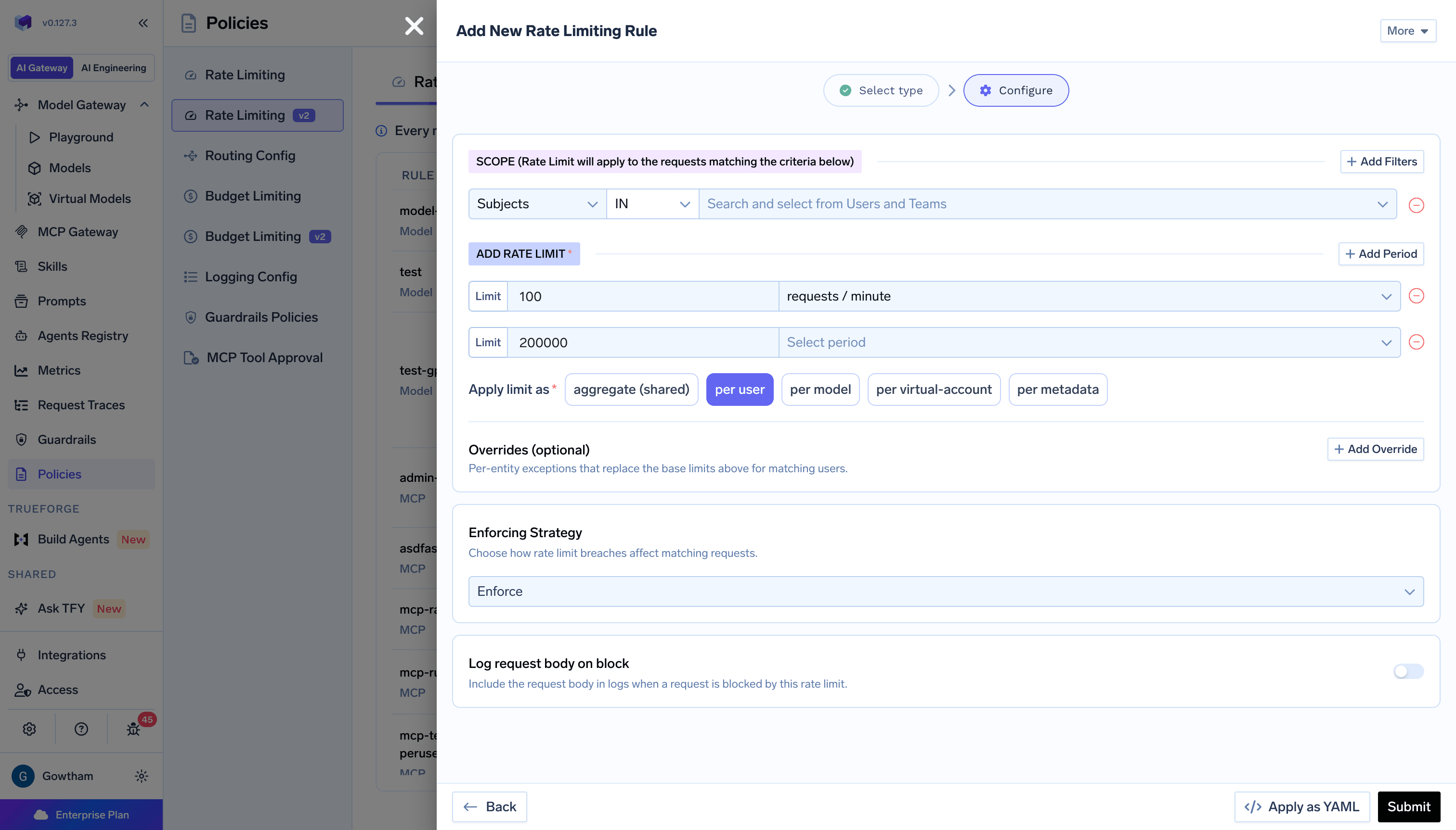 Configure step with per-user partitioning, two limit periods, and an overrides section
