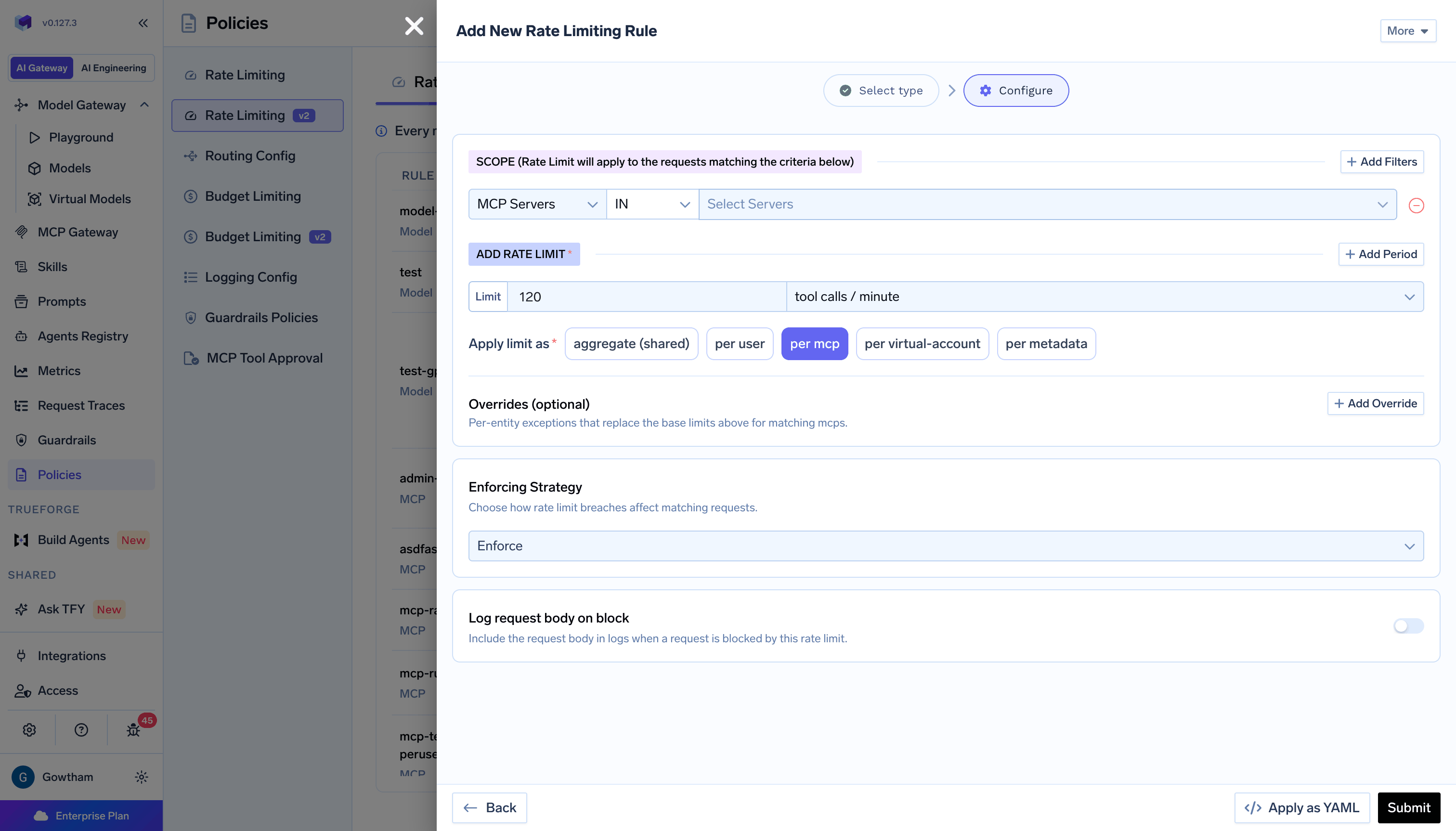 MCP rate limit configure step with MCP Servers filter, tool call limits, and per-mcp partitioning