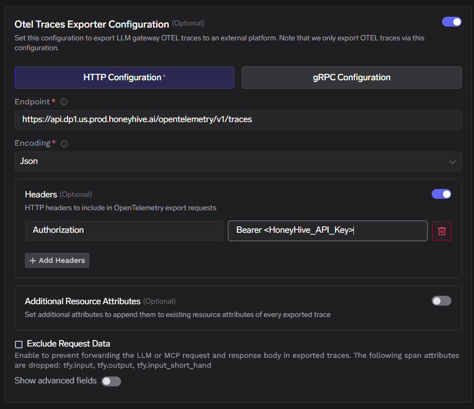 TrueFoundry OTEL Traces Exporter Configuration for HoneyHive with HTTP endpoint, Json encoding, and Authorization header