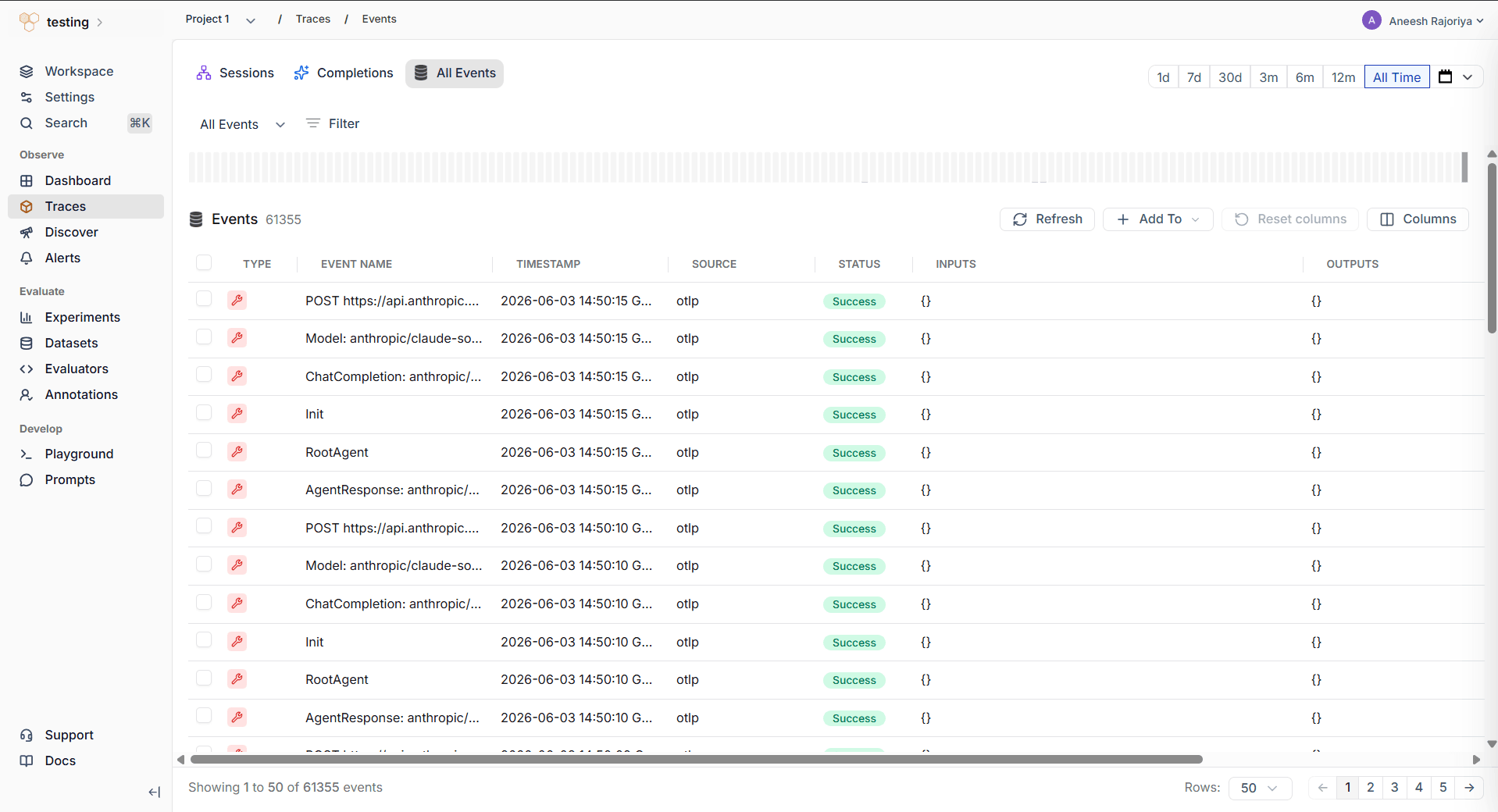 HoneyHive Traces Events table showing otlp-sourced events from TrueFoundry AI Gateway