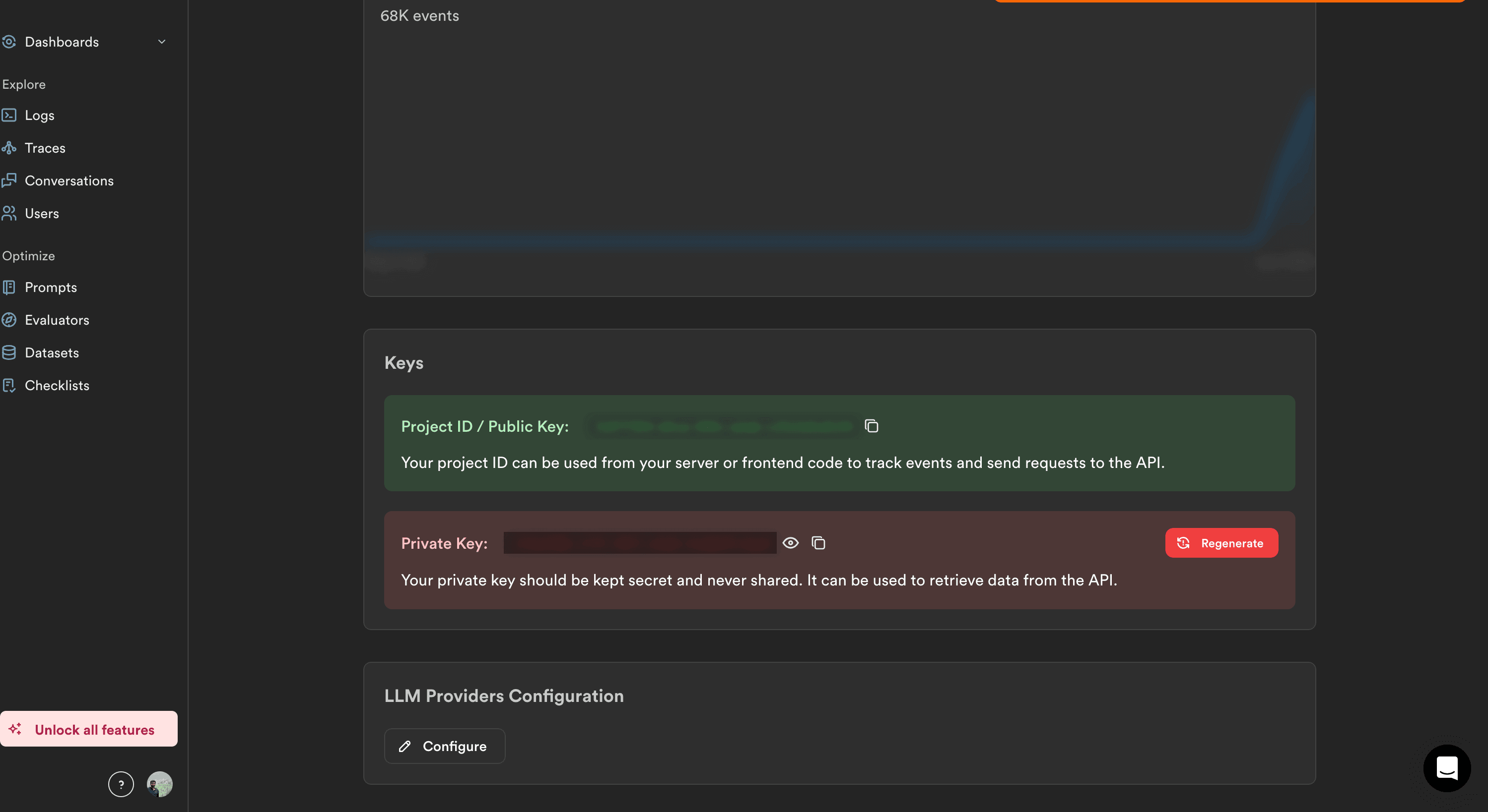 Lunary project settings showing Project ID and Public Key with copy button for trace ingestion credentials