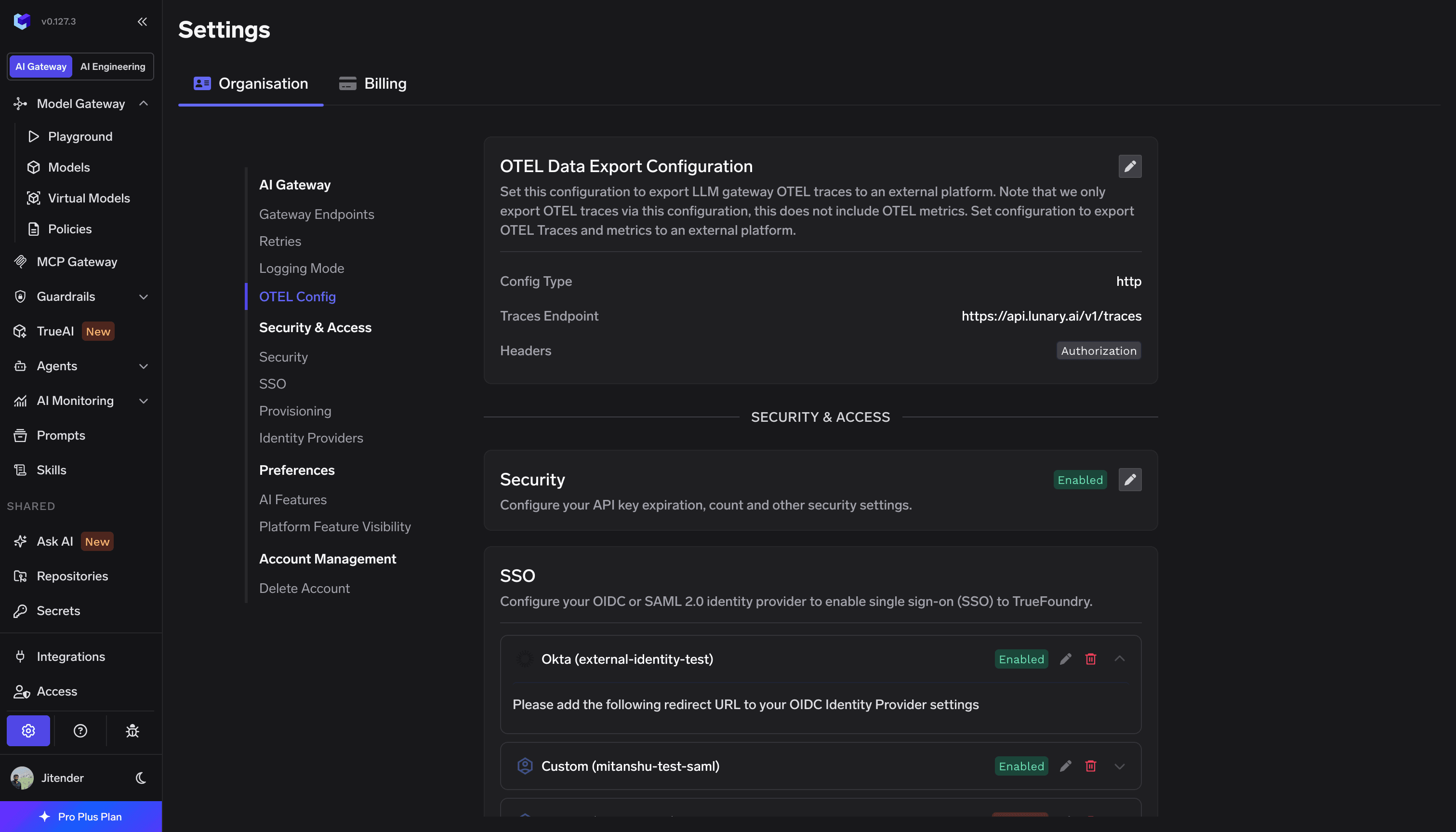 TrueFoundry Settings Organisation OTEL Config showing HTTP traces endpoint https://api.lunary.ai/v1/traces and Authorization header