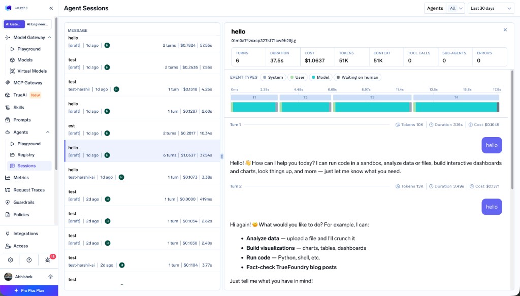 Agent session detail with summary metrics for turns, duration, cost, tokens, context, tool calls, sub-agents, and errors, an event-type timeline, and the turn-by-turn conversation