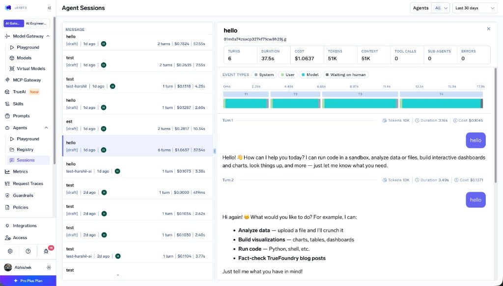 Agent session detail with summary metrics for turns, duration, cost, tokens, context, tool calls, sub-agents, and errors, an event-type timeline, and the turn-by-turn conversation