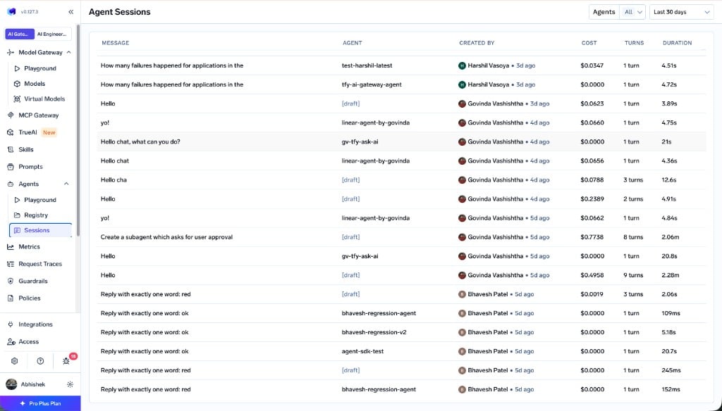 Agent Sessions table showing sessions across agents with columns for message, agent, created by, cost, turns, and duration, filtered by agent and last 30 days