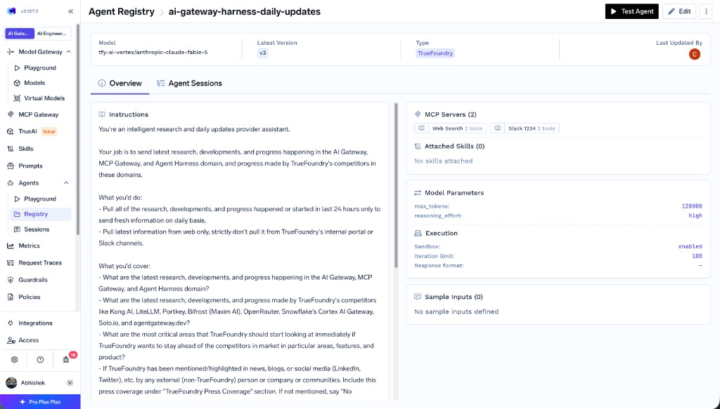 Agent Overview tab showing model config, instructions, connected MCP servers, attached skills, model parameters, and execution settings