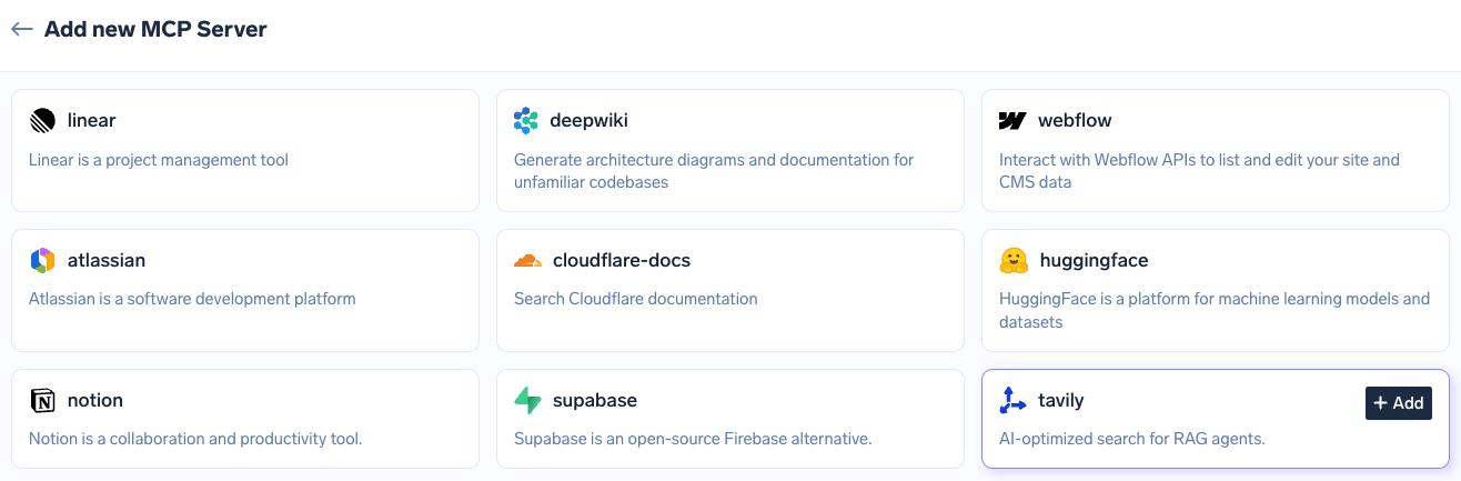 TrueFoundry Managed MCPs catalogue showing tiles for linear, deepwiki, webflow, atlassian, cloudflare-docs, huggingface, notion, supabase, and tavily, with the Add button visible on the tavily tile
