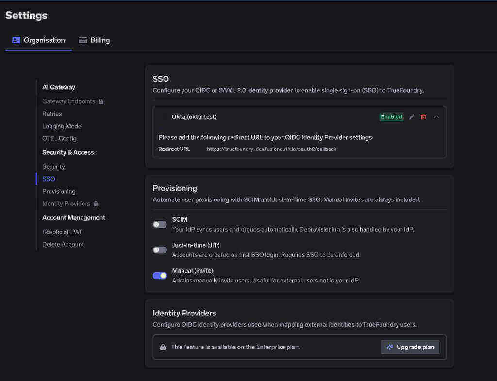 Settings page showing an enabled Okta SSO configuration, provisioning toggles, and Identity Providers