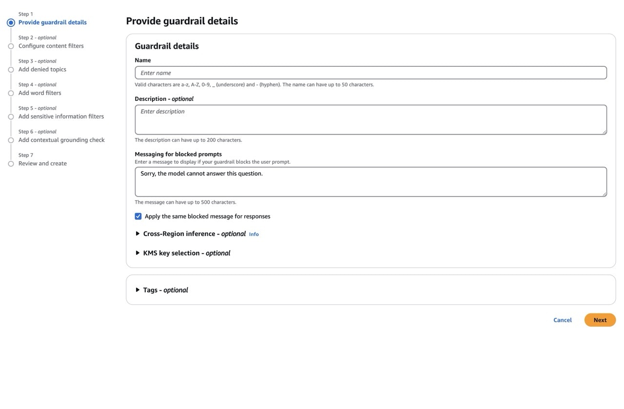 AWS Bedrock console showing guardrail creation form with content filter options and policy configuration