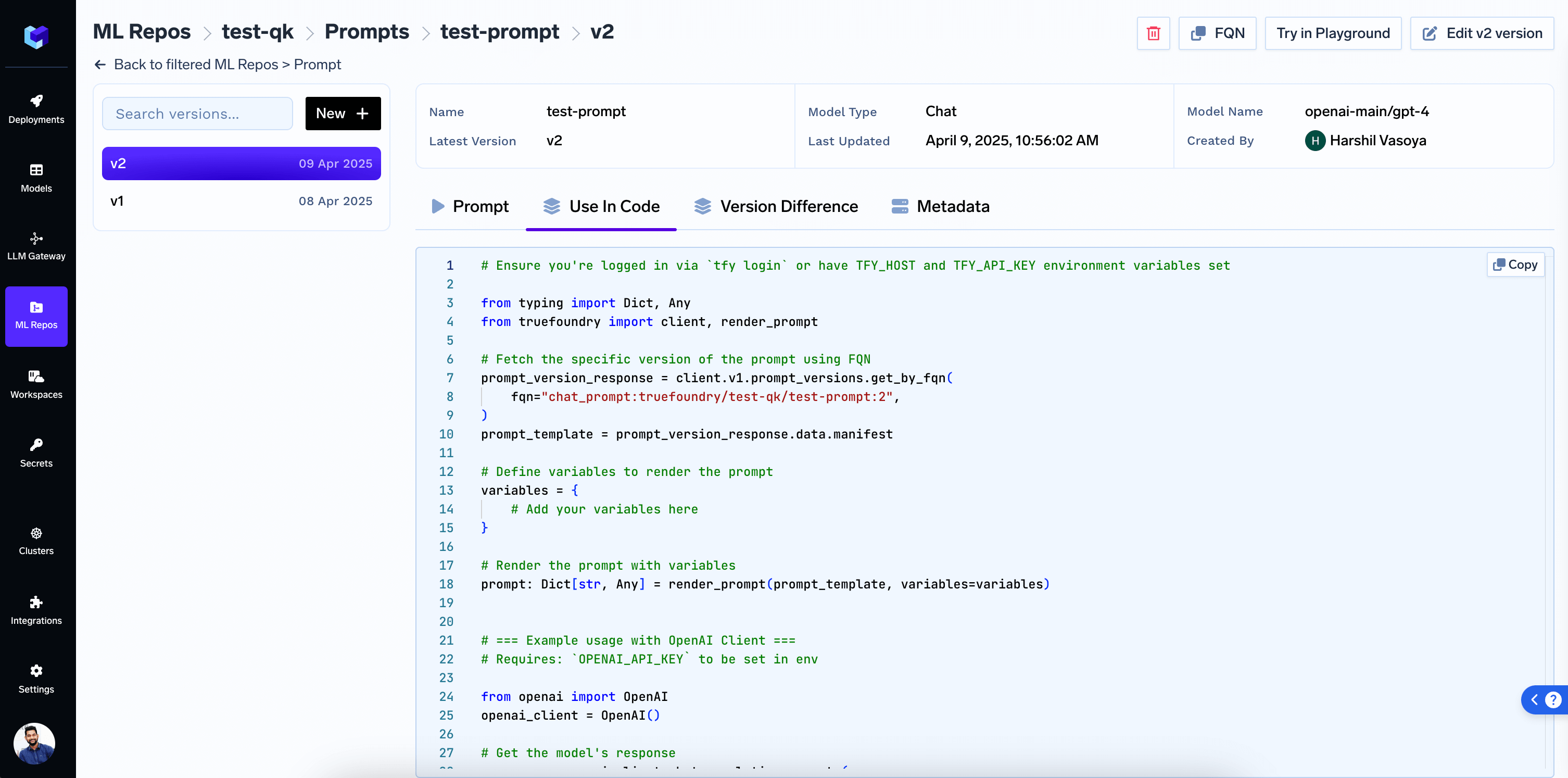 Code snippet generation interface showing how to use prompt templates in
code