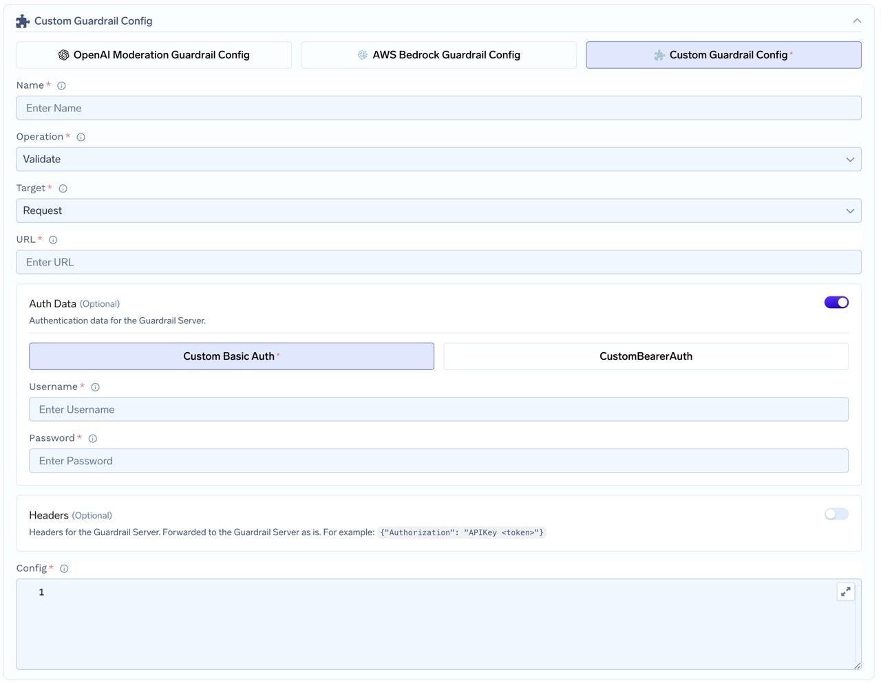 Custom Guardrail configuration form in dashboard