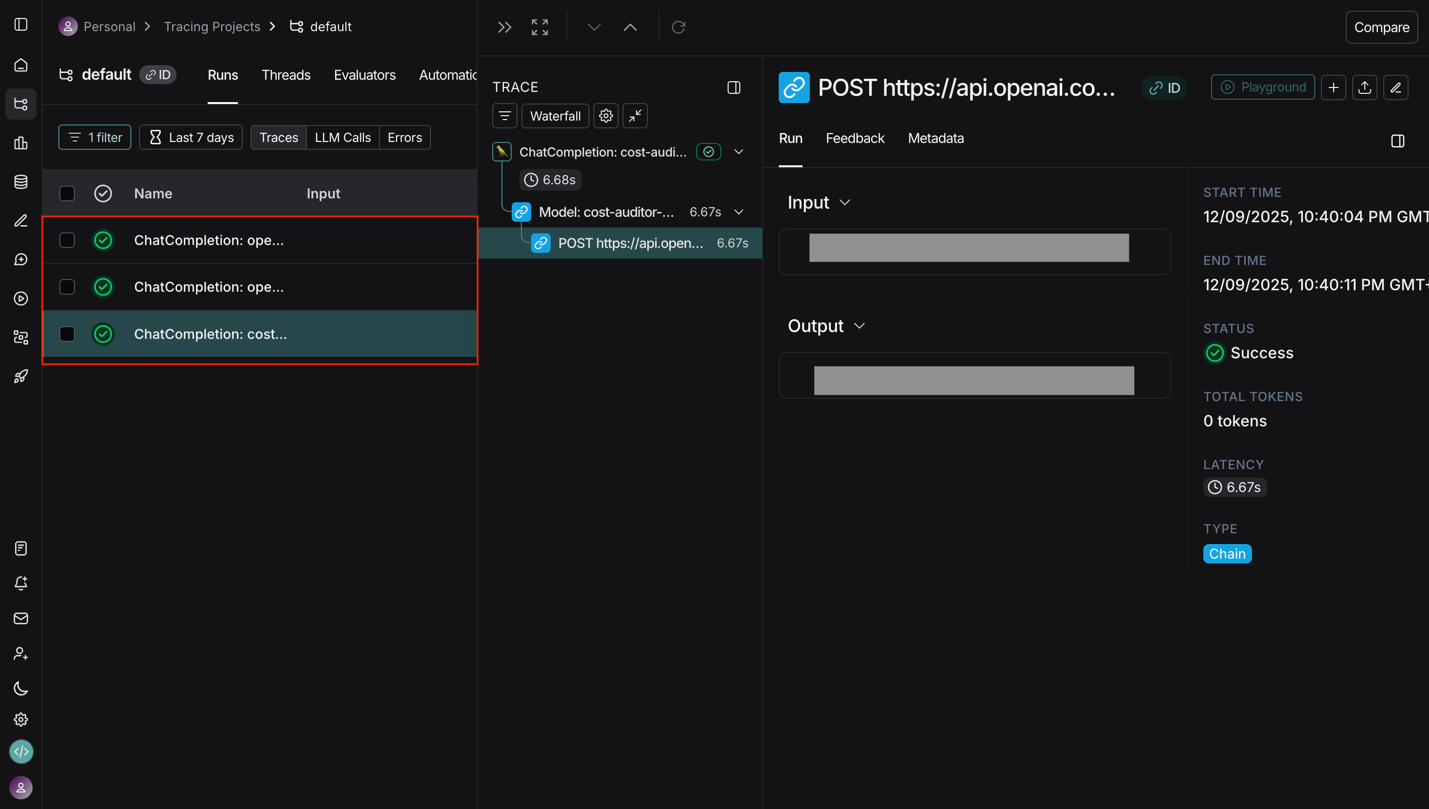 LangSmith dashboard showing traces exported from TrueFoundry AI Gateway