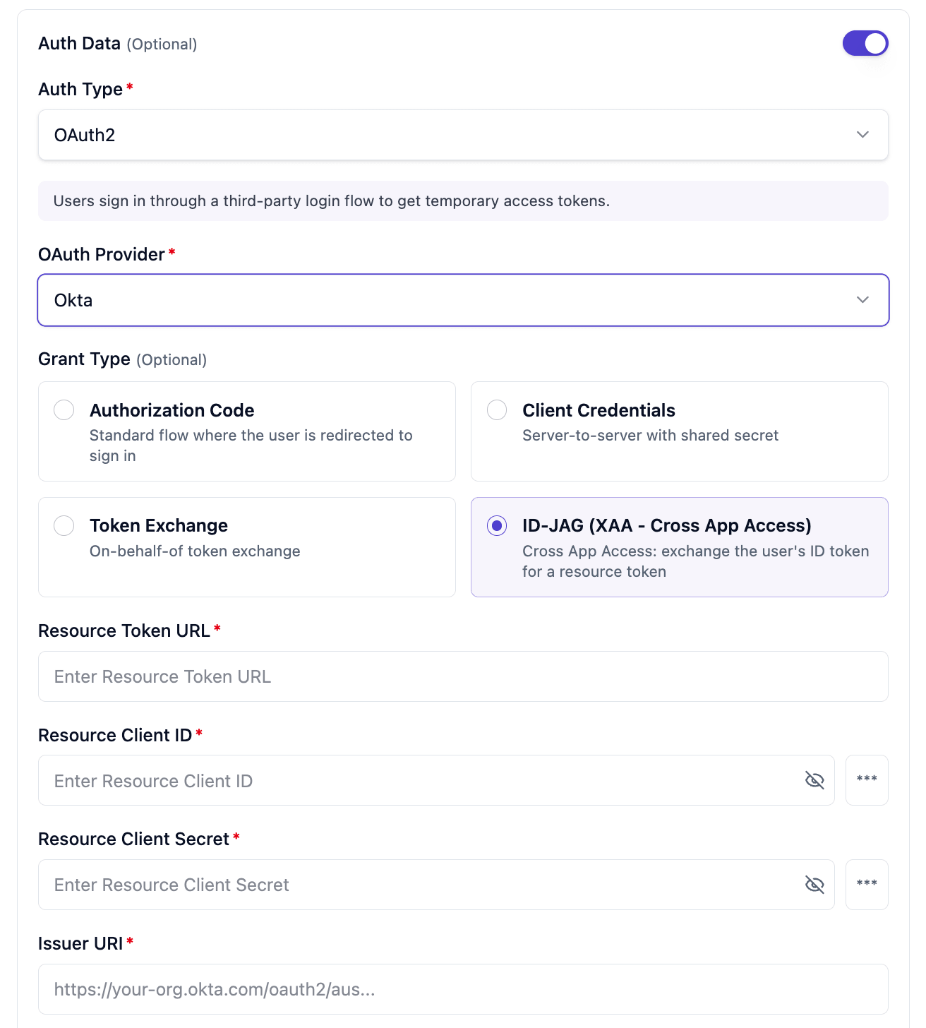 TrueFoundry MCP server Auth Data form: Auth Type OAuth2, OAuth Provider Okta, Grant Type ID-JAG (XAA - Cross App Access), with Resource Token URL, Resource Client ID, Resource Client Secret, and Issuer URI fields