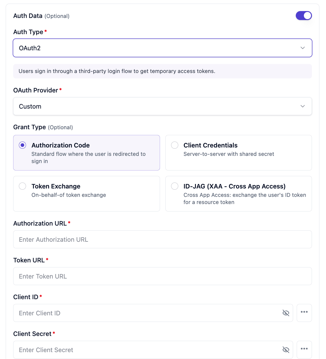 TrueFoundry MCP server Auth Data form: Auth Type OAuth2, OAuth Provider Custom, Grant Type Authorization Code, with Authorization URL, Token URL, Client ID, and Client Secret fields