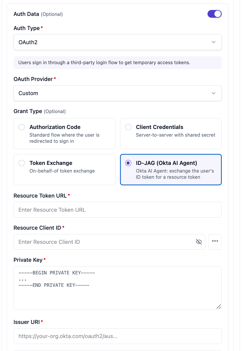 TrueFoundry Auth Data form: Auth Type OAuth2, OAuth Provider Custom, Grant Type ID-JAG (Okta AI Agent), with Resource Token URL, Resource Client ID, Private Key, and Issuer URI fields