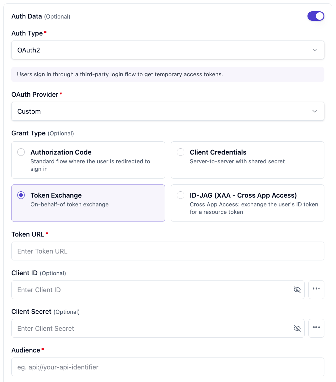 TrueFoundry MCP server Auth Data form: Auth Type OAuth2, Grant Type Token Exchange (on-behalf-of), with Token URL, Client ID, Client Secret, and Audience fields