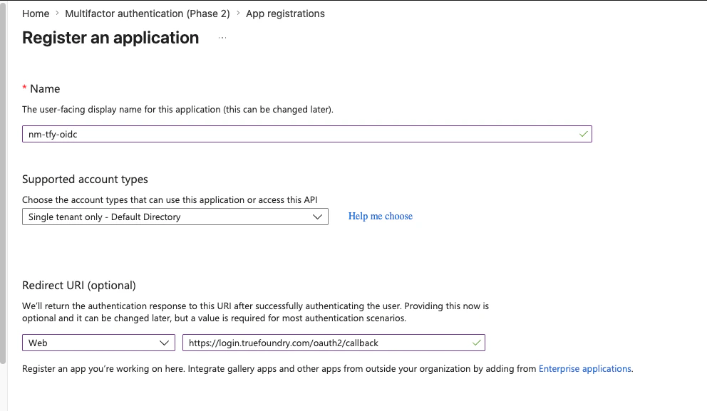 Entra Register an application form with Single tenant only selected and the TrueFoundry OAuth callback redirect URI configured