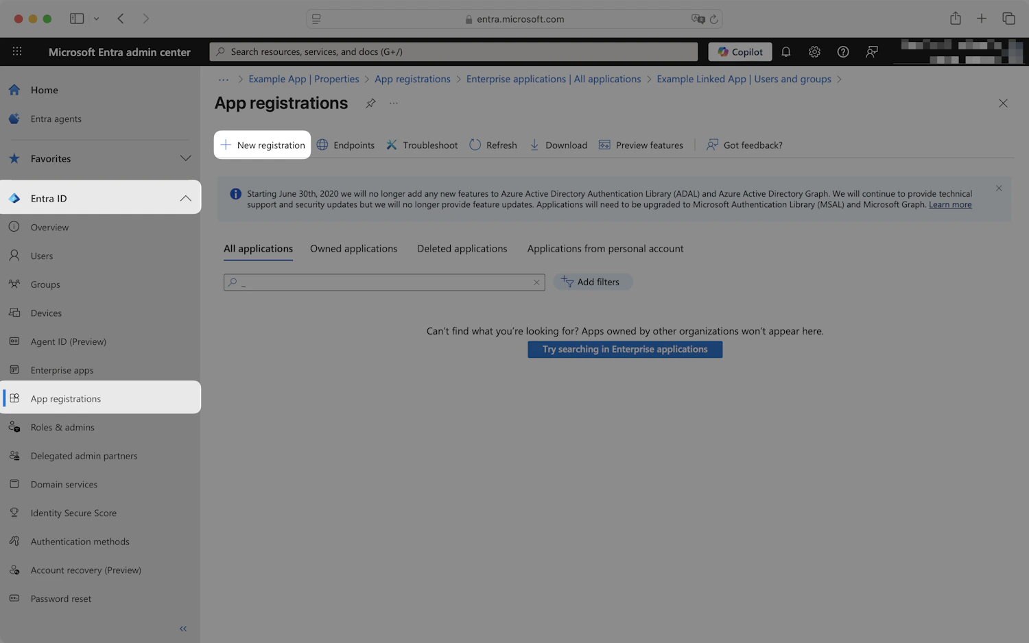 Microsoft Entra admin center App registrations page with the New registration button highlighted