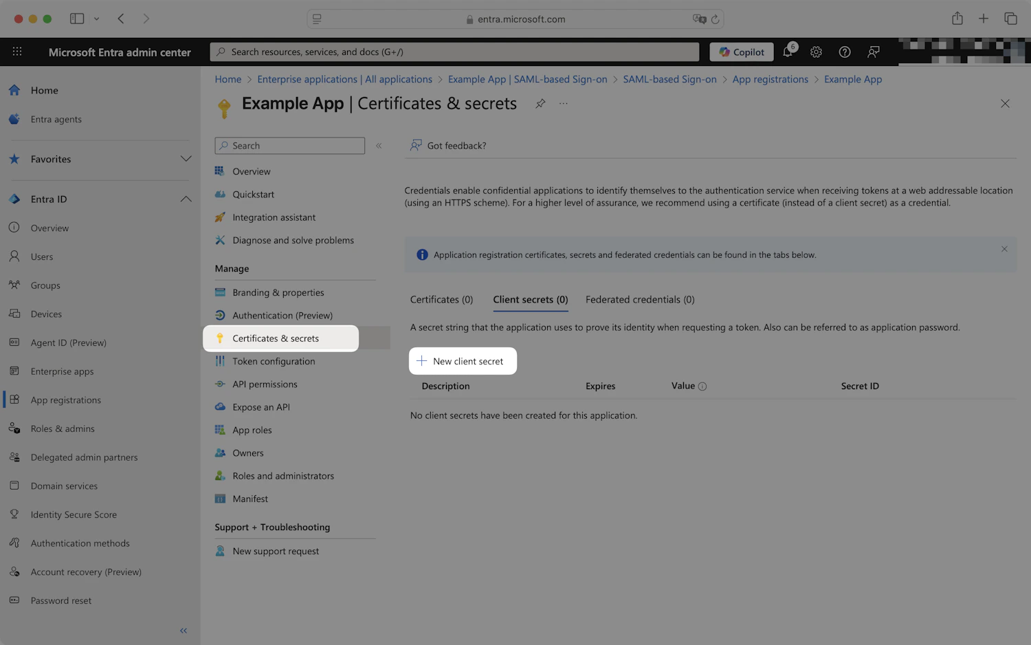 Entra Certificates and secrets page with the New client secret button highlighted under Client secrets