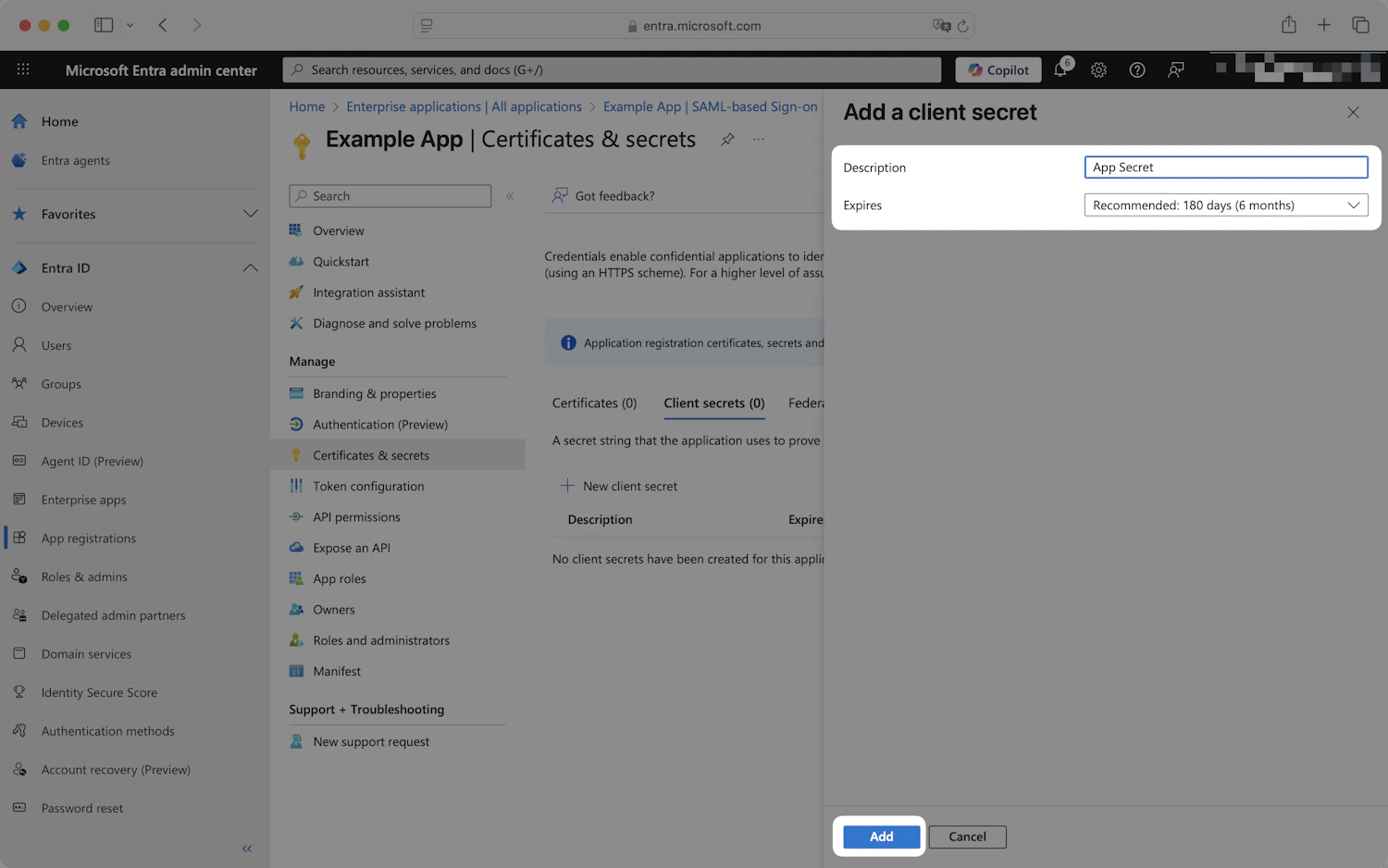 Entra Add a client secret panel with Description and Expires fields and the Add button highlighted