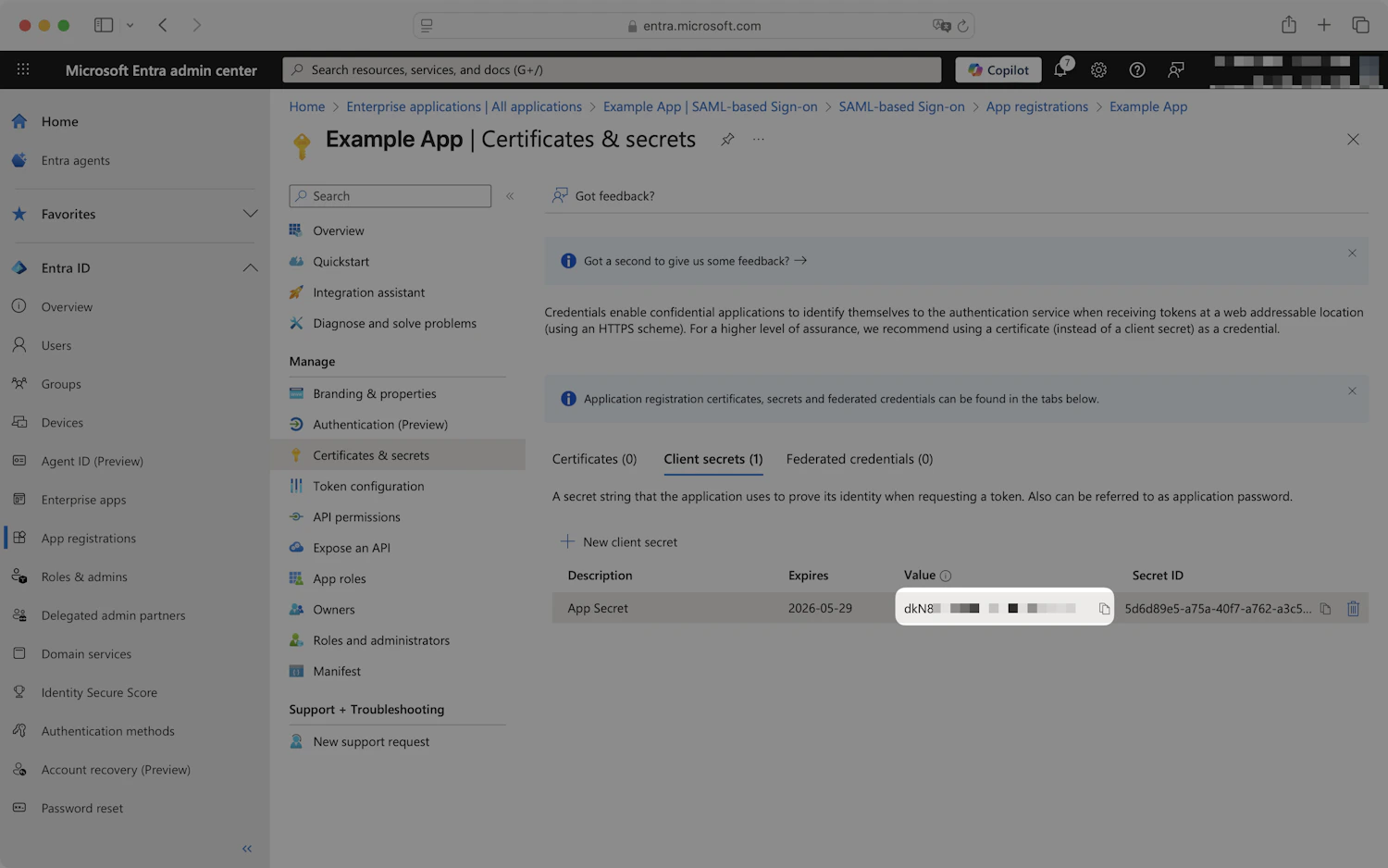 Entra Certificates and secrets page showing a newly created client secret with the Value column highlighted