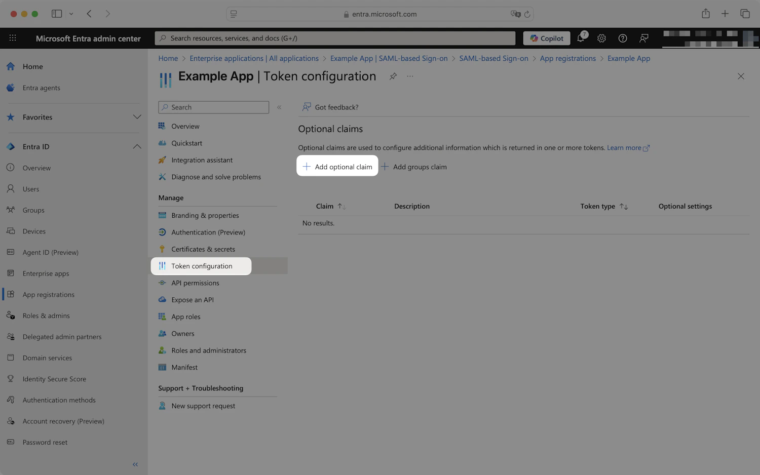 Entra Token configuration page with the Add optional claim button highlighted