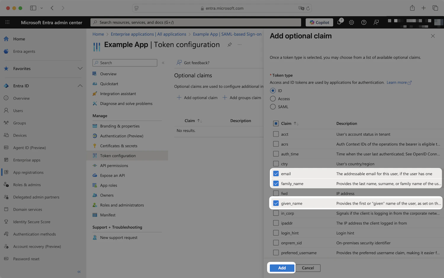 Entra Add optional claim panel with ID selected and email, family_name and given_name claims ticked