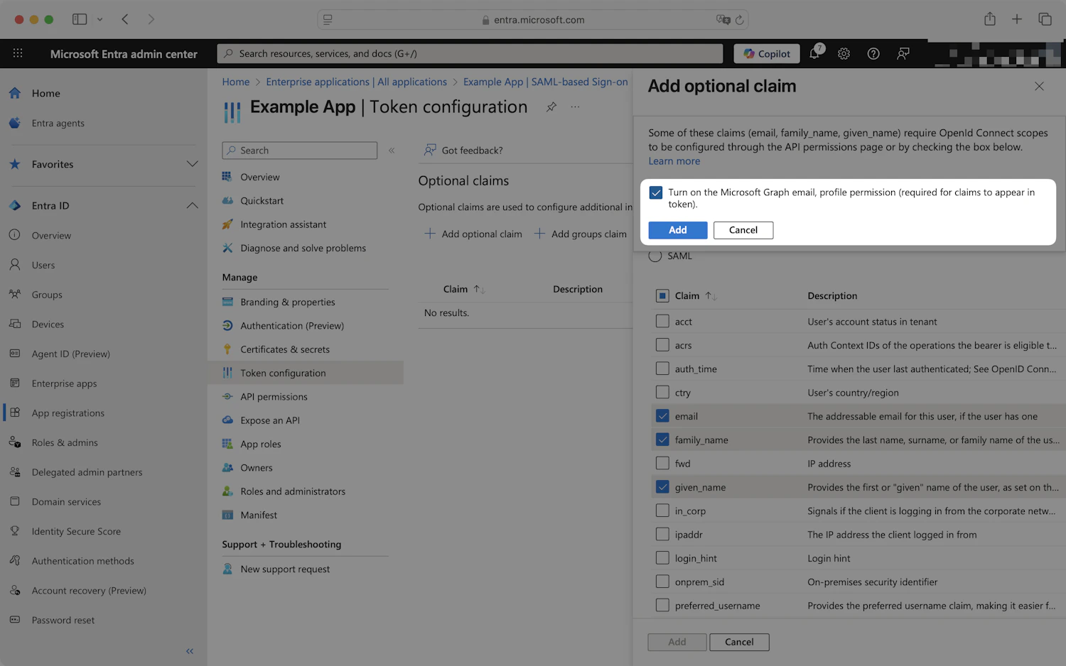 Entra prompt asking to turn on the Microsoft Graph email, profile permission for the selected claims
